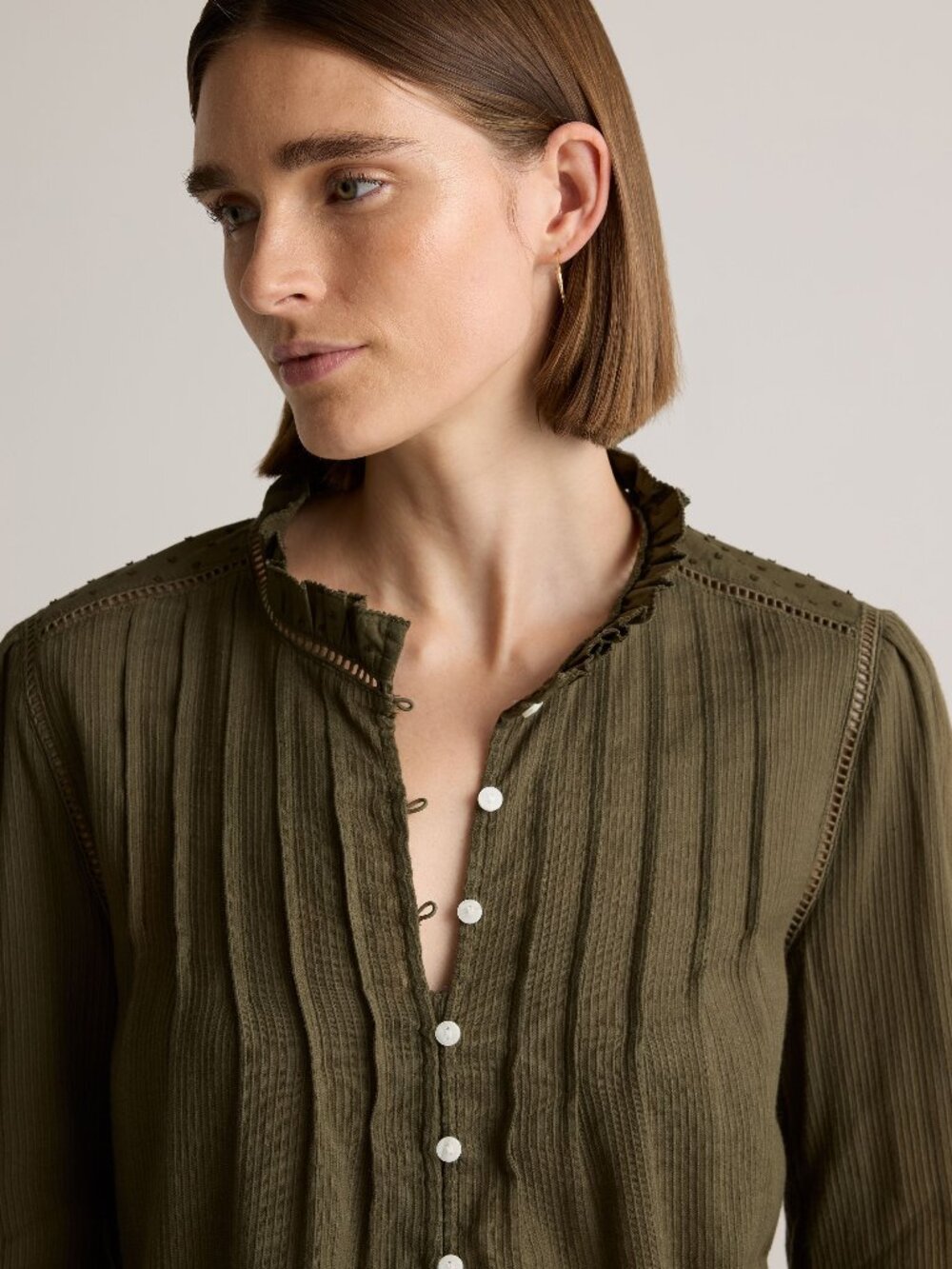 Organic Textured Cotton Peasant Blouse L Large Caper Green